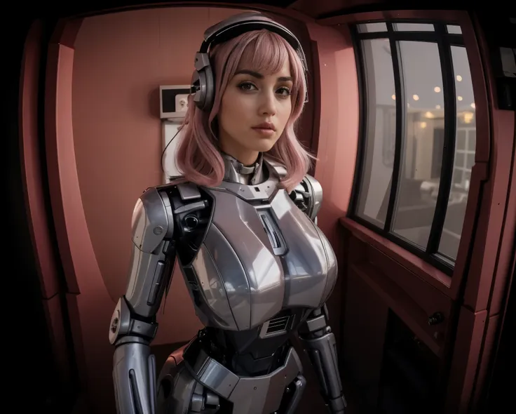 fisheye view, door fisheye pov, grand angular, ana de armas as your cosplayer girlfriend, using a robot suit, larger breasts, an...