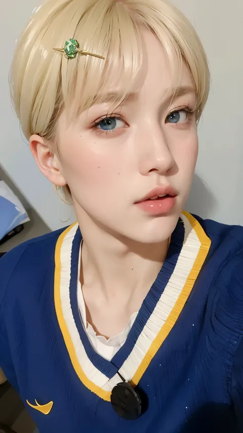 plucked boy with a green hairpin on his head, pele azul lisa, pintar ulzzang, light olhos azuis penetrantes, fair and pale skin!!, menino loiro com olhos amarelos, Jiminthe right eyelid is swollen, pale porcelain white skin, (12x) extremely pale white skin...