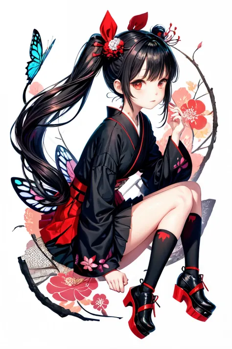 a japanese art style, cute anime fairy girl holding a butterfly against a black wall, 1girl, solo, red eyes, hair ornament, long sleeves, black footwear, hair flower, full body, flower, twintails, black ribbon, black background, platform footwear, hair rib...