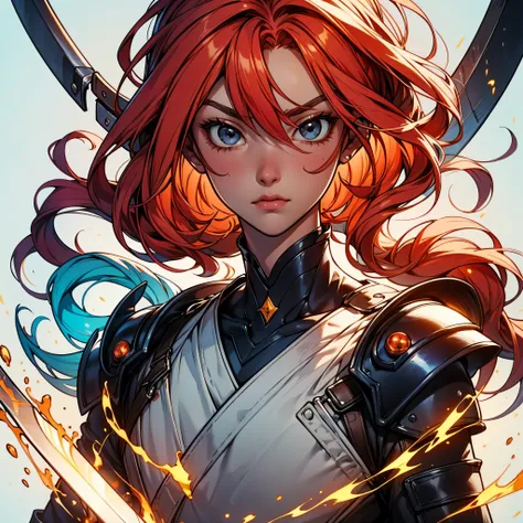 Character ((Male)) , Orange Hair Ichigo Bleach style , One (( Samurai)) , Black Eyes , (( CUTE )) , Only One Character , (( Focus on a Character )) , Digital Anime combat Pose, Powerful , Beautiful Man , Sword,multidimensional geometric wall PORTRAIT, arte...