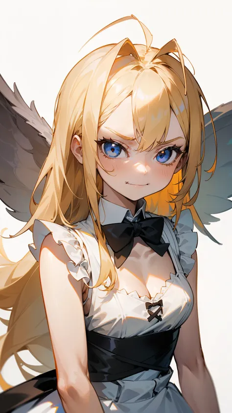 ((1girl,10 years old)),blonde hair,long hair,white dress mono color,frills, sleeveless, cleavage, bow tie, bare shoulders,(((hair 2antennas))),(angry, evil smile),(white background),looking to the view,portrait,