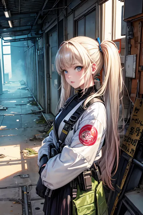 a photo of mdjrny-v4 style a photo of (((masterpiece))), (((best quality))), ((ultra-detailed)), (illustration), (1 girl), Twintail cut girl: Runs through abandoned streets of Gunkanjima with handgun Glock Wears school uniform and protective gear On a top ...