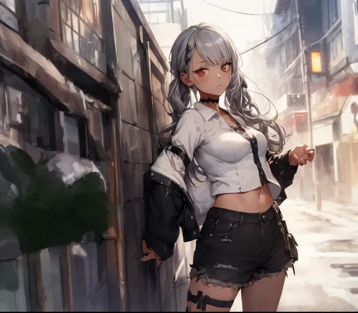 woman with grey hair posing in a side pose while leaning against a post on a street,masterpiece:1.3), (absurdres:1.3), (best quality:1.3), (ultra-detailed:1.3), (best shadow:0.7), 4k ultra-HD, the highest picture quality, ultra-HD, (best quality), high det...