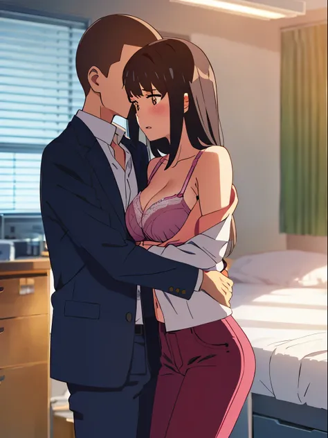 shinkai makoto, kimi no na wa., 1boy, buzzcut,office suit, boy caressing girls body, kiss cheeks, passionate hug, boy is hugging from behind, chestgrope from behind, boy is touchig girls chest, hold chest, 1girl, bangs, black hair, brown eyes, worried eyes...