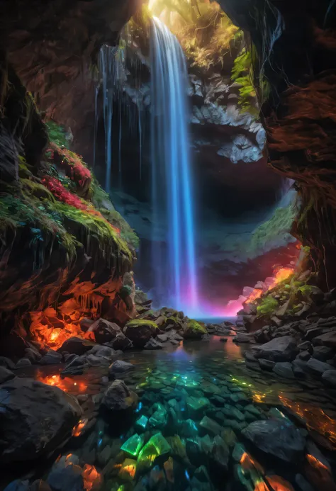 (best quality,highres,ultra-detailed,realistic:1.2),vivid colors,sharp focus, HDR, underground, fantasy, magical landscape, glowing crystals, rainbow waterfall cascades, ethereal lighting, sublime beauty, mysterious darkness, cavernous depths, surreal atmo...