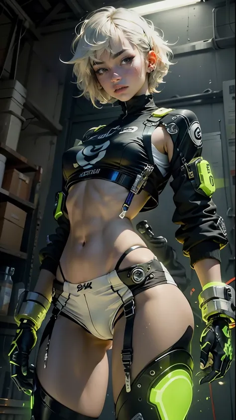 Beautiful cybernetic girl looking at camera underwear detailed muscles realistic masterpiece,Active Pose、action pose、LED Light、Gold Parts、bangs、Short Hair、front view、White and black ,head to thigh ,torso