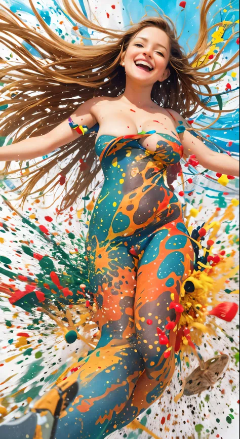 (masterpiece, highres, best quality, UHD,4k) 1girl, brown hair, open smile, ((large breasts)), stretched arms, standing, flying (hovering above gound), full body. colorful background, paint splatters background, vivid colors, strong lines, watercolor art