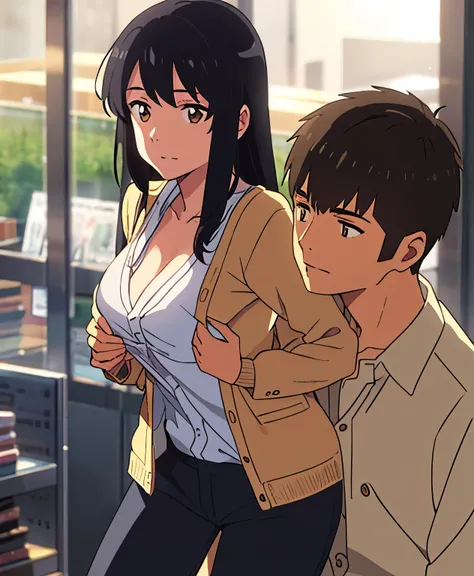 masterpiece:1.6, best quality), finely detailed beautiful eyes: 1.2), colorful, shinkai makoto, kimi no na wa., 1boy, buzzcut, muscular, brown eyes, office worker suit, boy caressing girls body, breast groping, breast grope, hold breast, 1girl, bangs, blac...