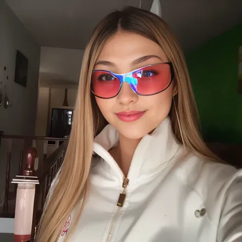 Woman in sunglasses and a white jacket taking a selfie, bella delfina, inspirado por Ion Andreescu, , 19 year old girl, brillantemente coloreado, con gafas de sol, Amazing shades, nodded 