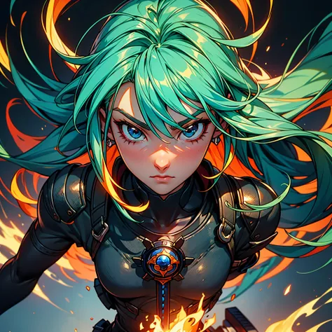 Character ((Male)) , Orange Hair Ichigo Bleach style , One (( Samurai)) , Black Eyes , (( CUTE )) , Only One Character , (( Focus on a Character )) , Digital Anime combat Pose, Powerful , Beautiful Man , Sword,multidimensional geometric wall PORTRAIT, arte...