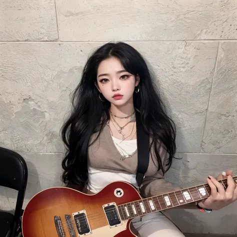 araffe woman sitting on a chair holding a guitar in her hands, portrait of jossi do blackpink, ava max, Ulzzang, cruel korean goth girl, jossi do blackpink, com cabelo comprido and piercing eyes, 18 anos de idade, Jinyoung Shin, jaeyeon nam, com cabelo com...