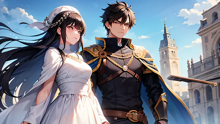 Black-haired boy, excessively strong, uses a round shield and heavy clothes, serious expression, along with a sturdy blonde girl with a calm expression and white clothes, in the background a medieval European city, sunny sky