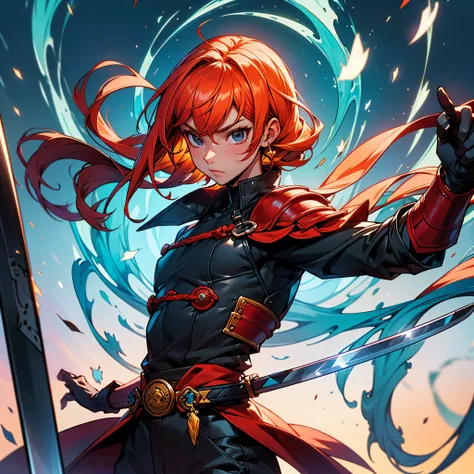 Character ((Male)) , Orange Hair Ichigo Bleach style , One (( Samurai)) , Black Eyes , (( CUTE )) , Only One Character , (( Focus on a Character )) , Digital Anime combat Pose, Powerful , Beautiful Man , Sword,multidimensional geometric wall PORTRAIT, arte...