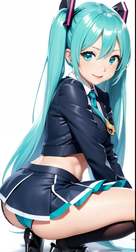 Hatsune Miku、Anime girl with long hair and a gun in her hand,Shimashima Pantiesがよく見える、Hatsune Miku、Squatting、spread legs、show panties,super mini skirt、緑と白のShimashima Panties、From miniskirt to c Kantai Collection style,Shimashima Panties、super mini skirt、 p...