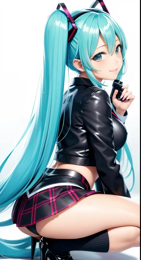 Hatsune Miku、Anime girl with long hair and a gun in her hand,Shimashima Pantiesがよく見える、Hatsune Miku、Squatting、spread legs、show panties,super mini skirt、緑と白のShimashima Panties、From miniskirt to c Kantai Collection style,Shimashima Panties、super mini skirt、 p...