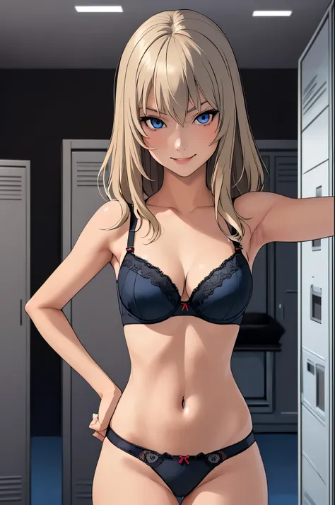 masterpiece, best quality, itsumi erika, 1girl, ashen blonde hair, blue eyes, solo, medium breasts, sexy black underwear, black ...