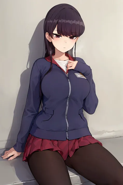 masterpiece, best quality, 1girl, solo, komi-san wa komyushou desu, gym uniform, sitting, looking at viewer, street, wall, cowbo...