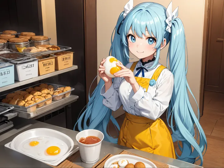 Beautiful girl making fried eggs　Light blue　long hair　twin tails　adorable smile　There are a lot of chicks around