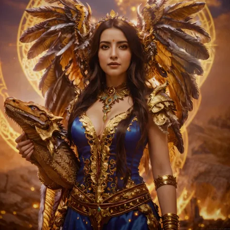 (masterpiece),(funun,funfo),there is a woman in a costume holding a dragon and a dragon , ornate cosplay, fantasy character photo, as a mystical valkyrie, maya ali as a d&d sorcerer, fantasy photoshoot, maya ali as d&d sorcerer, maya ali as d&d mage, as a ...