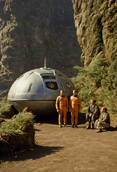 Crew of an old starship from a 1960s TV series on a rustic, picturesque planet, inserir um robot estilo B9 ao lado da tripulação, lost in space, with scenic plants and rocks, republic series, Programa de TV de Irwin Allen, Science fiction, Uniformes de aca...