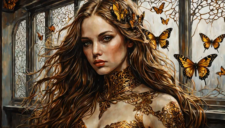 In Casey Baughs evocative style, art of a beautiful young girl cyborg with long brown hair, futuristic, scifi, intricate, elegant, highly detailed, majestic, Baughs brushwork infuses the painting with a unique combination of realism and abstraction, greg r...