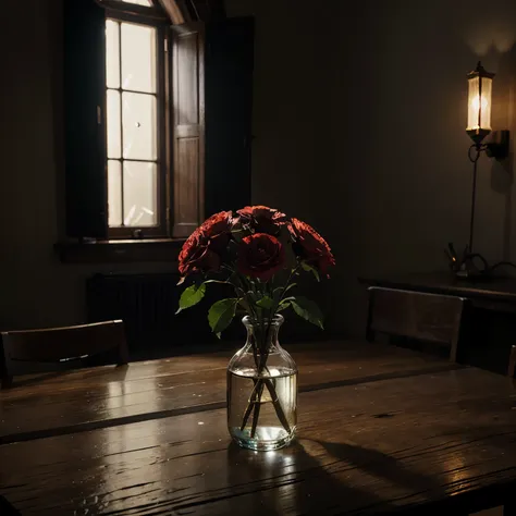 Still life, various flowers in a glass vase on an old wooden table, dark room only lit by a small window., perfect composition, beautiful detailed intricate insanely detailed octane render trending on artstation, 8k artistic photography, photorealistic con...