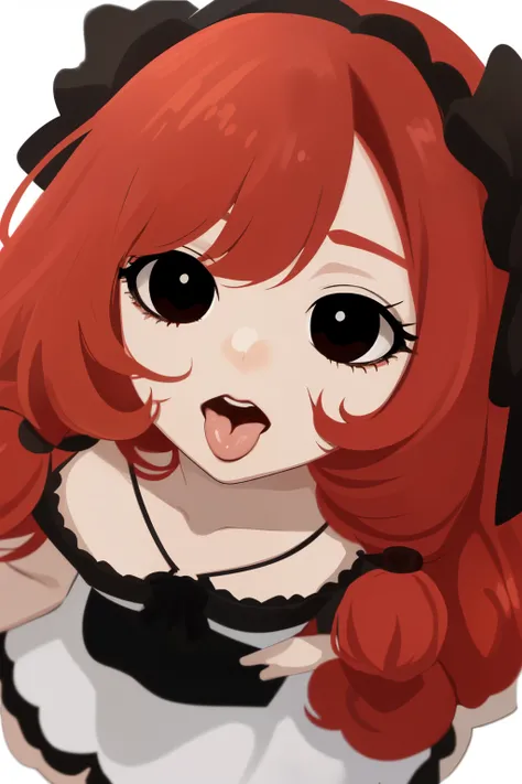 Red hair, doll-like face with black eyes and white dress, ahegao face