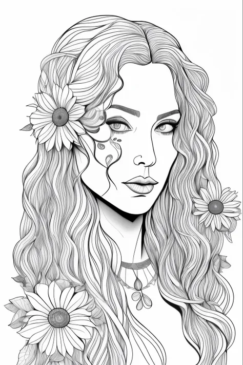 a girl with long hair and flowers in her hair, beautiful line art, line art colouring page, outline art, outlined art, line art ...