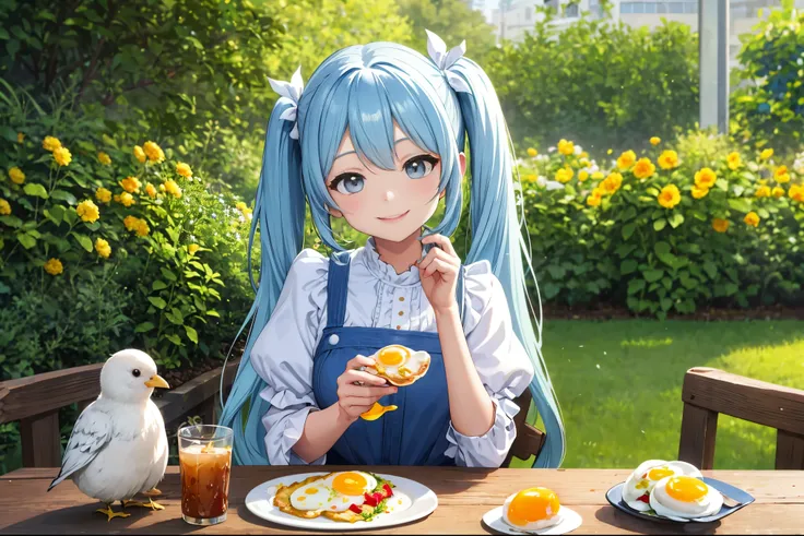 In a garden full of chicks　Beautiful girl eating fried egg breakfast　Light blue　long hair　twin tails　adorable smile　