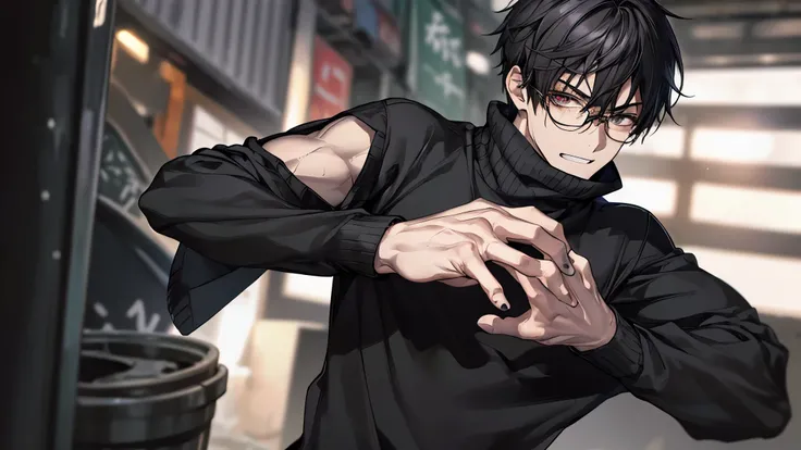 1 guy, black jeans, black sweater, press, Thin, pale, rings on fingers, black nails, Glasses, black hair, a little sporty, Glass eyes, anger, anger, cinematic lighting, Blur background, Best quality, night city, Dark tones, Wet, Brown eyes, grinning, many ...