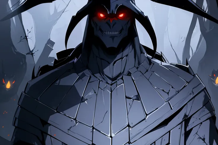 anime character with red eyes standing in a dark forest, albedo from the anime overlord, evil villain grin, painted portrait of mordekaiser, albedo from overlord, from overlord, [[[[grinning evily]]]], avatar image, menacing look, evil smile and glowing ey...