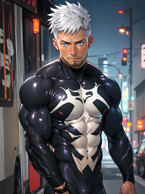 young muscular male, masterpiece, intricate details, upper body, best quality, eye focus, silver hair, manly, stubble, venom, symbiote costume,(emiya_shiro:1.2),dark skin, 1boy, (symbiote full bodysuit:1.1), eye focus, face, detailed eyes, symbiote skin ti...