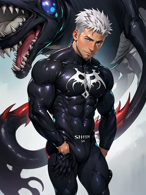 young muscular male, masterpiece, intricate details, upper body, best quality, eye focus, silver hair, manly, stubble, venom, symbiote costume,(emiya_shiro:1.2),dark skin, 1boy, (symbiote full bodysuit:1.1), eye focus, face, detailed eyes, symbiote skin ti...