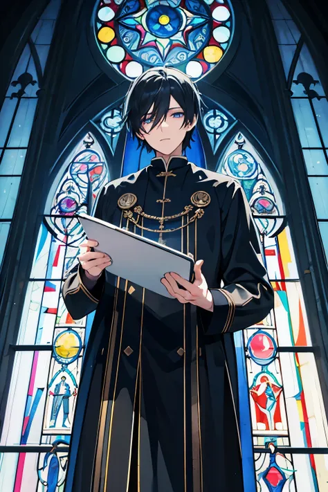 male　black hair　blue eyes　Fr.　church　Playing the organ　Stained glass　masterpiece　Highest image quality　noise removal　clear parts 　cinematic shadow　Increased attractiveness of the eyes　clear parts the shine of the eyes　Draw eyelashes neatly　perfect eyes　det...