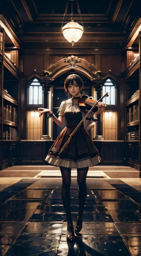 In the room is a woman in a brown dress, Holding a violin in his hands, female main character, Likewise, female main character 👀 :8, Square Enix game style, sayori, Ayami Kojima Amano, inspired by Riusuke Fukahori, deayami kojima, Makoto Sinka, kasumi arim...