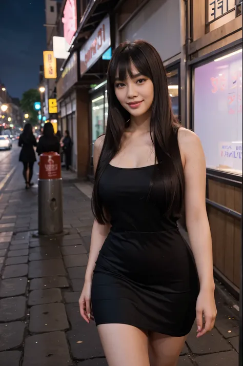 night shot of a beautiful 25 year old Thailand woman, wearing modern colorful dress, bangs in hairs, Thailand round face, smiling and walking outside in London, big pink lips, long straight black hairs, flirty look, straight hairs, perfect curvy body, brow...