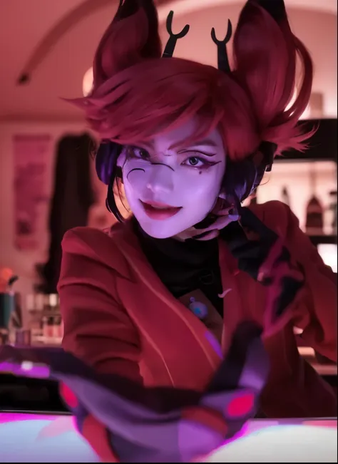 un primer plano de una persona disfrazada con cuernos, moira de overwatch, joker se parece a naruto, yume nikki, cuchilla del gr...