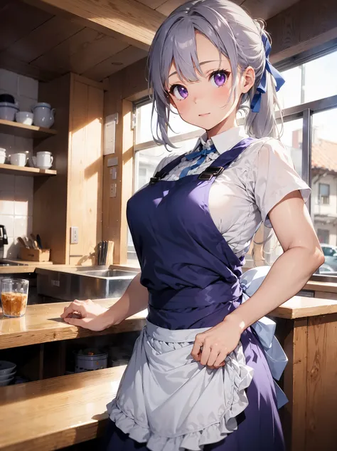 highest quality, 1 girl, adult, medium breasts, gray hair, medium hair, ponytail, Light purple、eye, waitress, white shirt, blue skirt, blue ribbon, white apron, waist_apron, short_dispel