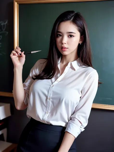 1 female, stand in front of the chalkboard with pointer in hand, one book, gentlemen, short pencil skirt, black underwear, trans...