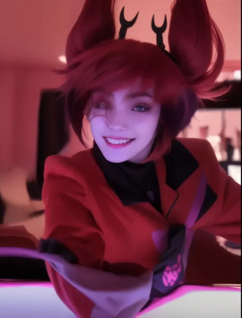 un primer plano de una persona disfrazada con cuernos, Moira de Overwatch, Joker se parece a Naruto, yume nikki, cuchilla del grupo de drenaje, Sonrisa vertiginosa, akane owari danganronpa, arte digital de danganronpa, Muffet de Undertale, Annie de League ...