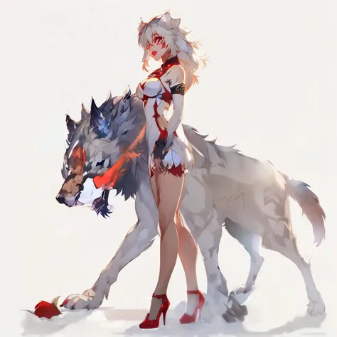 anime girl with red lips and red shoes standing next to a wolf, by yang j, female anthropomorphic wolf, guweiz, wlop and rossdra...