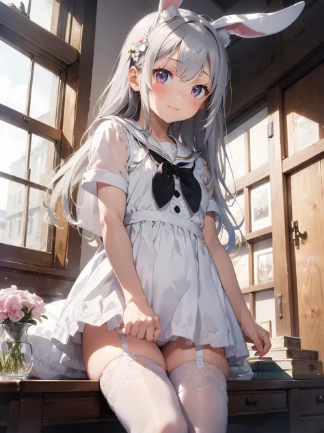 absurd,(masterpiece、highest quality、8K ),intricate details,super detailed,soft focus、((Cute 10 year old beautiful girl:1.4)),(slight smile:1.2)、silver hair、bangs、long hairstyle、(Bunny ears、Sailor Bunny Girl in White Coat、white knee highs:1.3),Bet,cute pose...