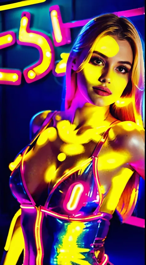 A girl with beautiful blond long hair, standing in front of a disco with neon lights. The photo captures her face in a close-up view, with a soft side light illuminating her features. The light creates a volumetric effect, casting a subtle glow on her face...