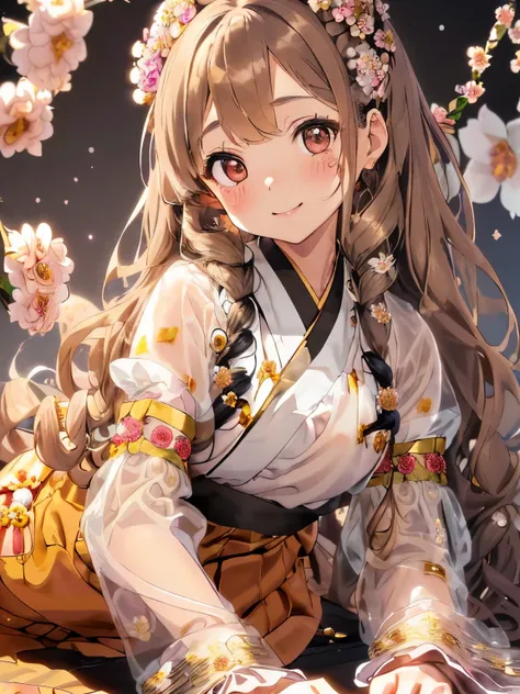 (light brown hair:1.2),(long hair with curls:1.3),(drill curl hair:1.25),(Odango Hair:1.3),(black eye:1.4),(Eye size:1.5),(Accessories with flower motifs:1.3),((Hanbok fashion:1.4)),(sheer sleeve:1.4),(Fluffy skirt:1.35),(Background full of blooming flower...