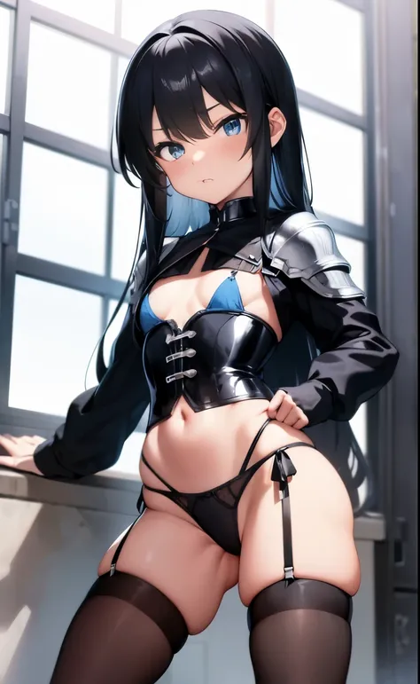 Ultra realista,  , black  hair  , 8 year old      frinje , disgusted   ,blue eyes  ,seios planos , knight iron armor medieval , pose hero, thong pantie  lingerie pantie  ,  , garterbelt    pantyhose , inocente .   body.