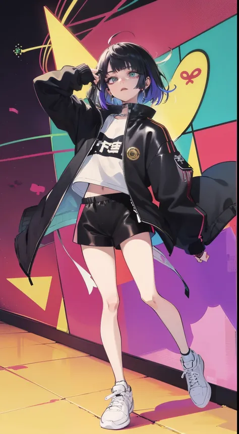 vividness,overview,zentangle,highest quality,girl,unbelievably beautiful,oversize jacket,T-shirt,black shorts,sneakers,anime key visual,masterpiece,striking details,best shadow,Seamless geometric shapes,blank background,Geometric puzzle style,Geometric emo...