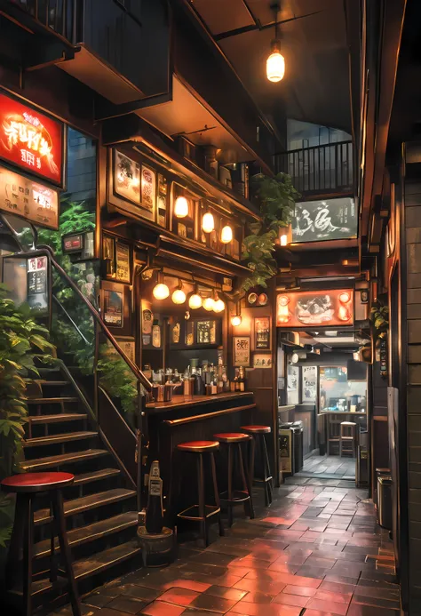 ((best quality,ultra-detailed,realistic):1.37). | anime style,((tokyo underground pub):1.3),((entrance under a stairs):1.25),neo...