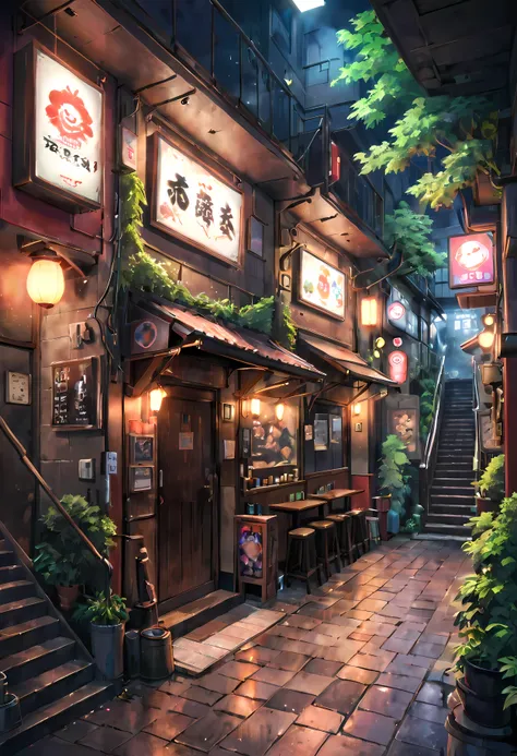 ((best quality,ultra-detailed,realistic):1.37). | anime style,((tokyo underground pub):1.3),((entrance under a stairs):1.25),neo...