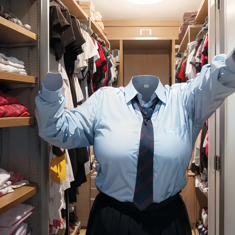 school uniform on hanger in closet, stripe tie, long sleeve, cute big breasts, (invisible, no human, headless, handless:1.5), chubby,cute pose