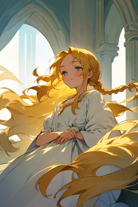 In a whimsical scene reminiscent of classic Studio Ghibli animation, a young girl with golden hair shines brightly against the simplicity of her surroundings. Her hair, tied back into a neat braid, cascades down her back, adding a touch of elegance to her ...